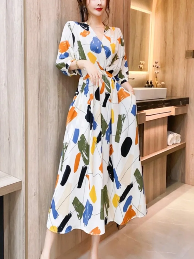 

Женское винтажное платье-трапеция, свободное Элегантное Длинное Платье с принтом в стиле ретро, лето