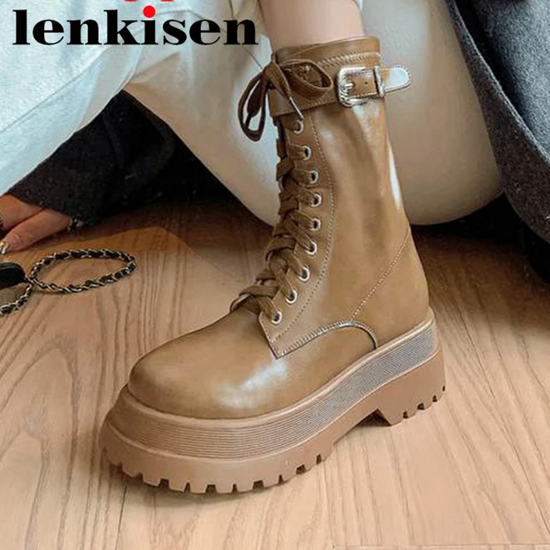 

Lenkisen модные ботинки из натуральной кожи с круглым носком на толстом высоком каблуке Зимние ботильоны в стиле панк