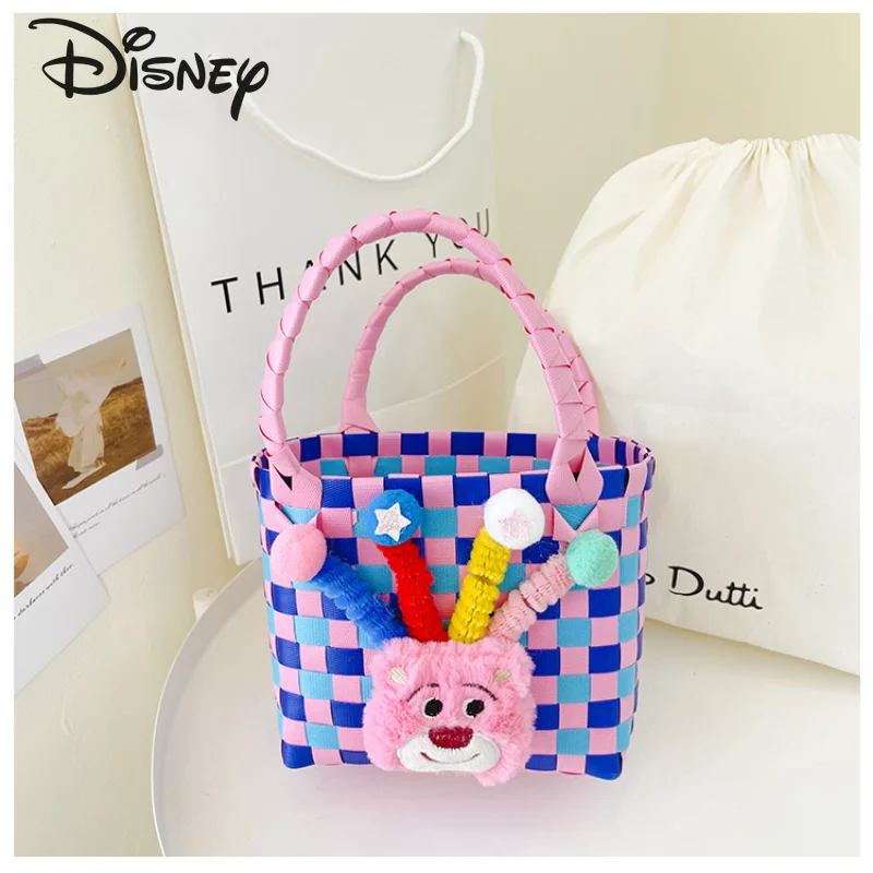 Disney 2023 Strawberry Bear New Woven Bag Fashion High Quality Children's Handbag Cartoon Casual Large Capacity Women's Handbag