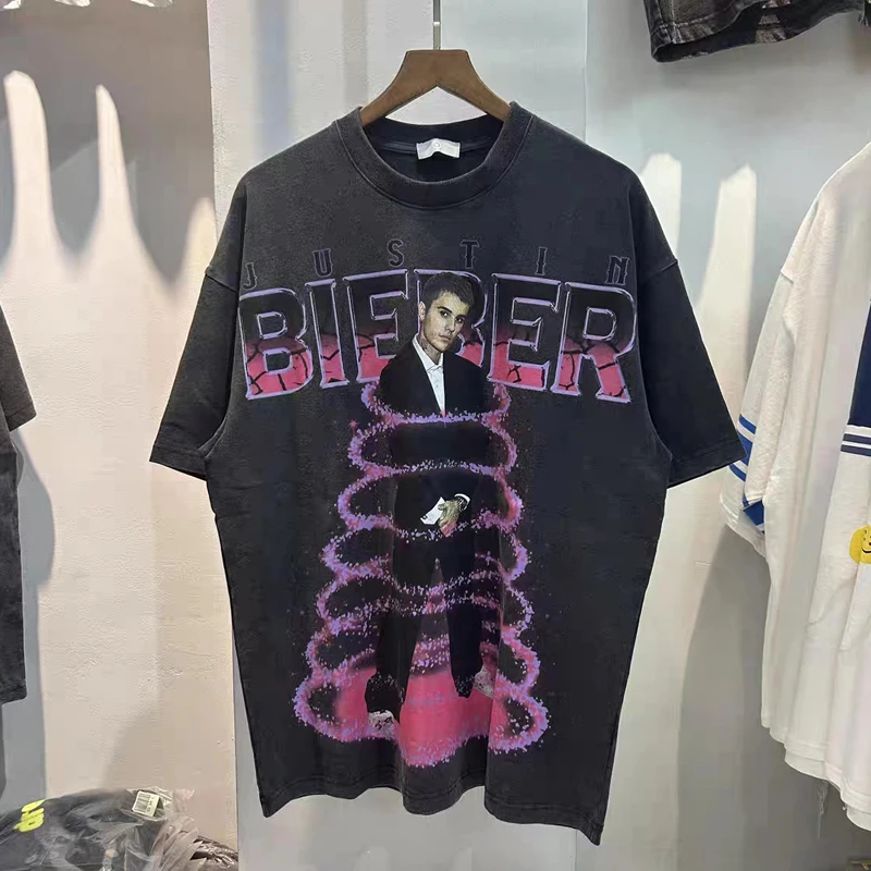 

Хорошее качество, Винтажная Футболка Джастина Бибера, модная мужская и женская футболка с коротким рукавом, одежда для мужчин