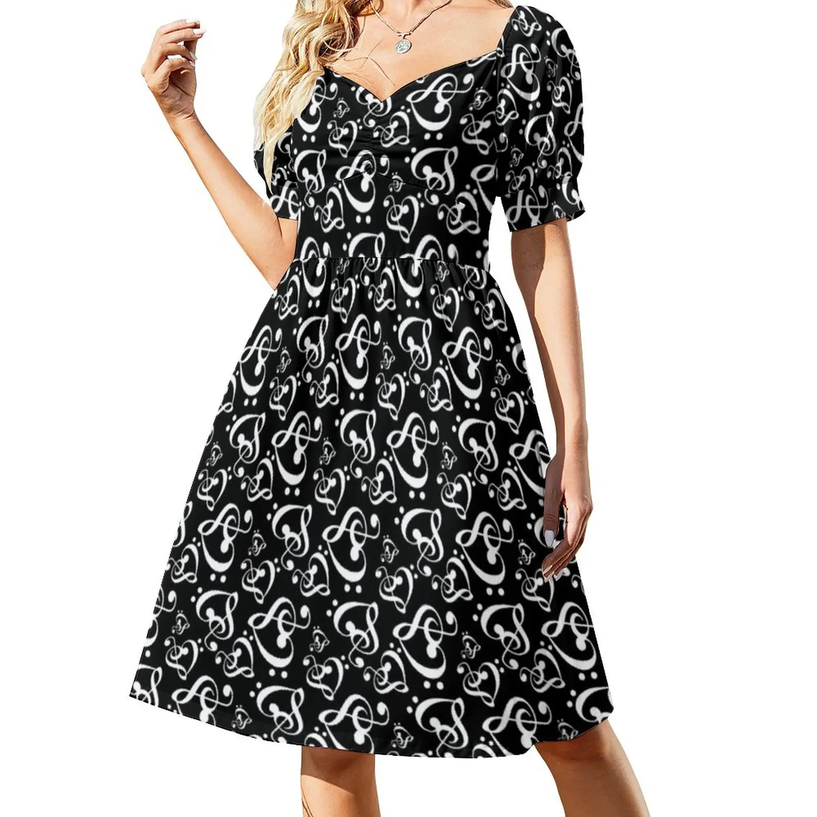 

Black And White Heart Dress Music Symbol Print Retro Dresses Summer Stylish Casual Dress Trendy Vestido Big Size 3XL 4XL