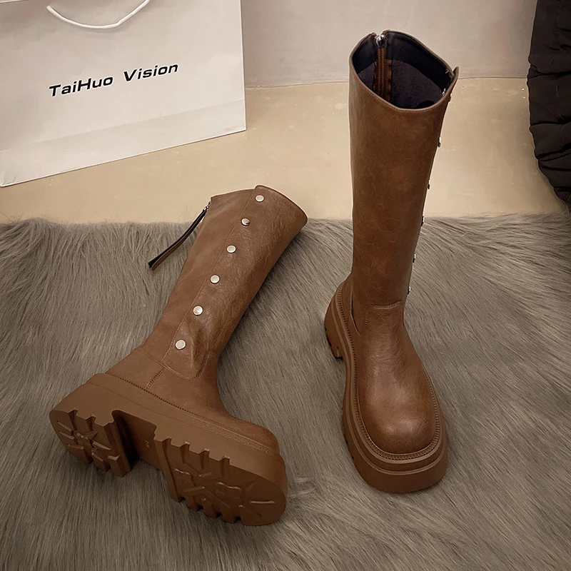 Женские высокие сапоги на платформе кожаные дизайнерские зимние туфли до колена