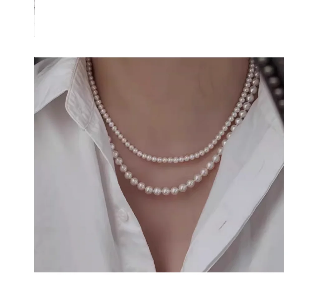 Цепочка из серебра 925 пробы с натуральным жемчугом 2 ряда 16 дюймов 4-5 мм 18 7-8