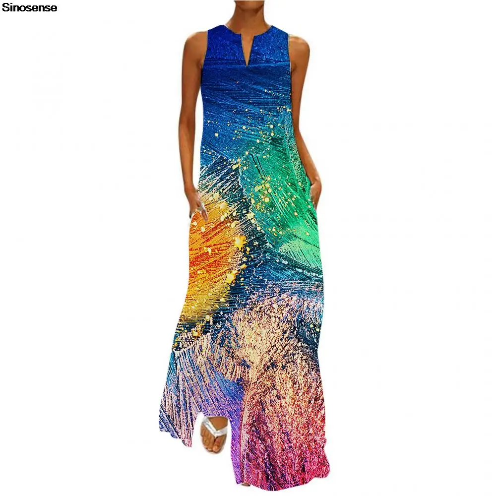 

Womens Print Casual Loose Boho Dress With Pockets Sexy Sleeveless Tunic Tank A Line Long Maxi Summer Beach Party Swing Dress 5XL