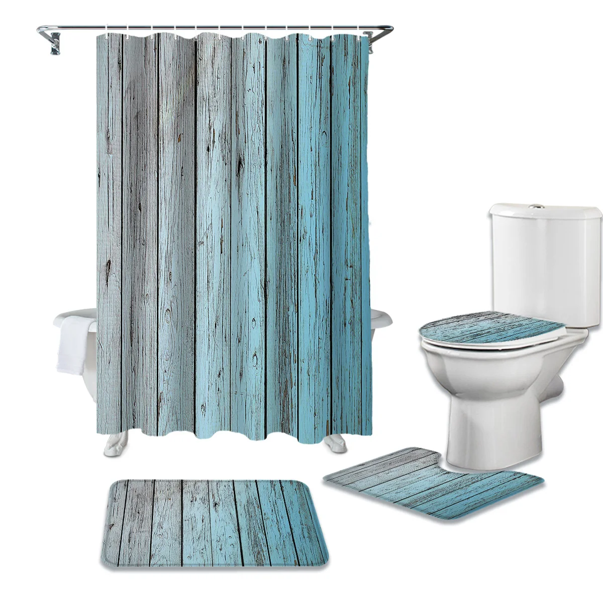 

Синяя деревянная Красивая пляжная занавеска для душа с принтом, набор ковровых покрытий, крышка для туалета, коврик для ванной комнаты, дома...