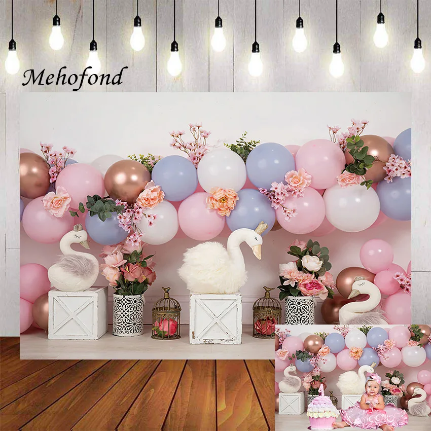 

Фотофон Mehofond розовый воздушный шар цветочный Лебедь принцесса девушка 1-й день рождения торт разбивать Фотостудия