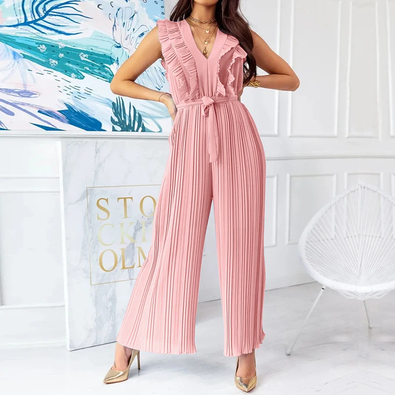 

2022 Summer New Women Elegant Sleeveless Floral Edge Jumpsuits Fashion Wide Leg Solid Color Pleated Rompers Casual Playsuit