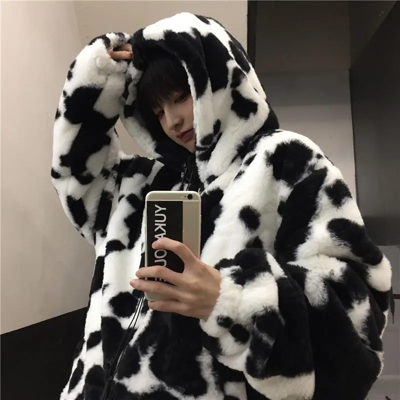 

New Harajuku retro Hong Kong style hooded cow lamb fur coat women's winter plush thickened and loose