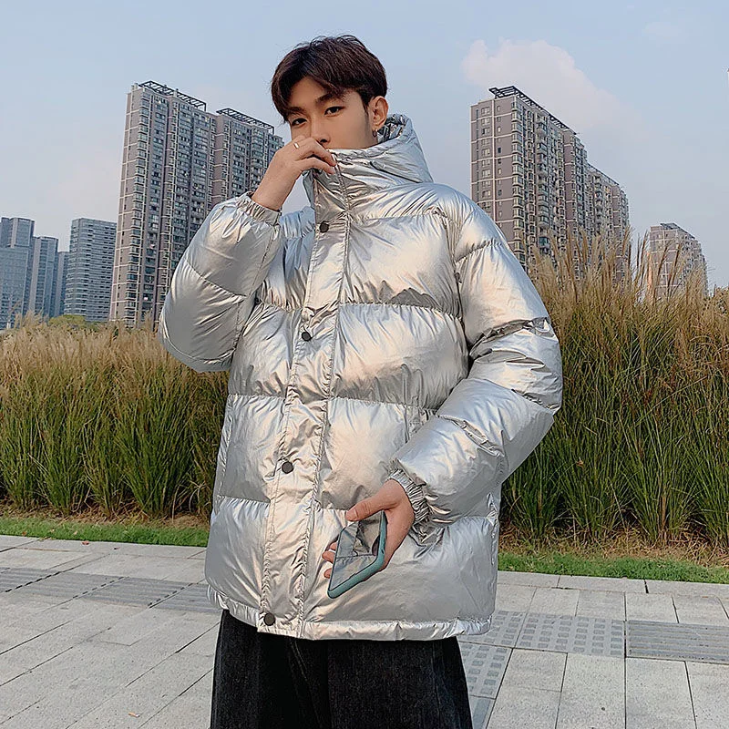 Winter Jacket Men Warm Fashion Casual Silver/Black Thick Down Jacket Men Streetwear Loose Short Coat Men Shiny Hooded Parker