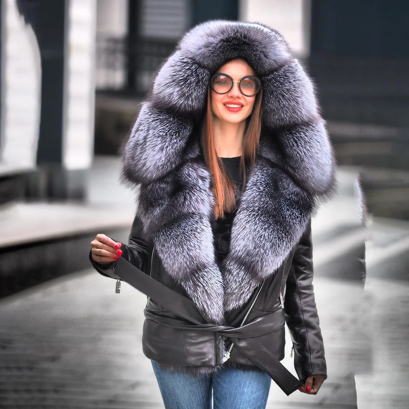 Genuine Real Fox Fur Patchwork Hooded Parker Women High Street Warm Natural Sheepskin Slim Fox Fur Real Leather Jacket Female