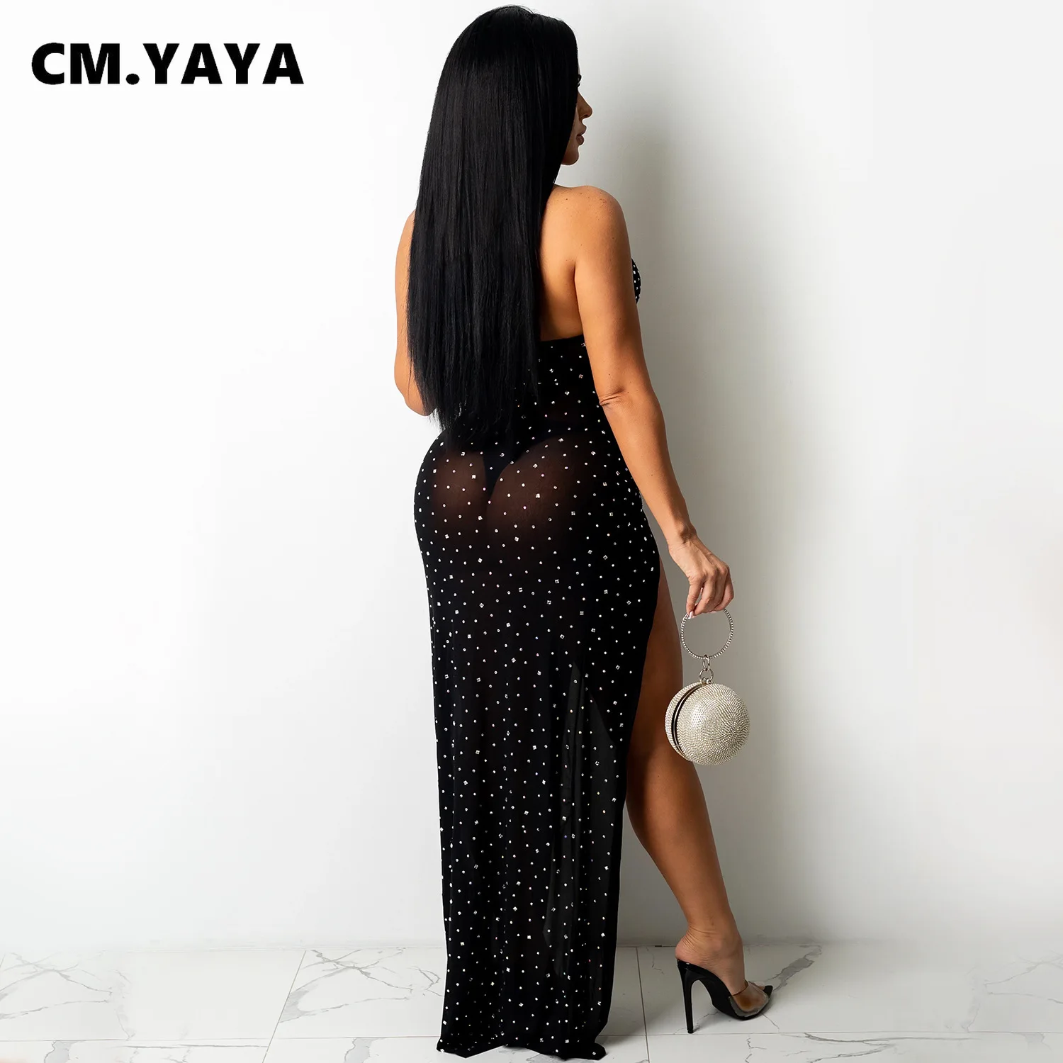 Женское Макси-платье с высоким разрезом CM.YAYA прозрачное Сетчатое платье
