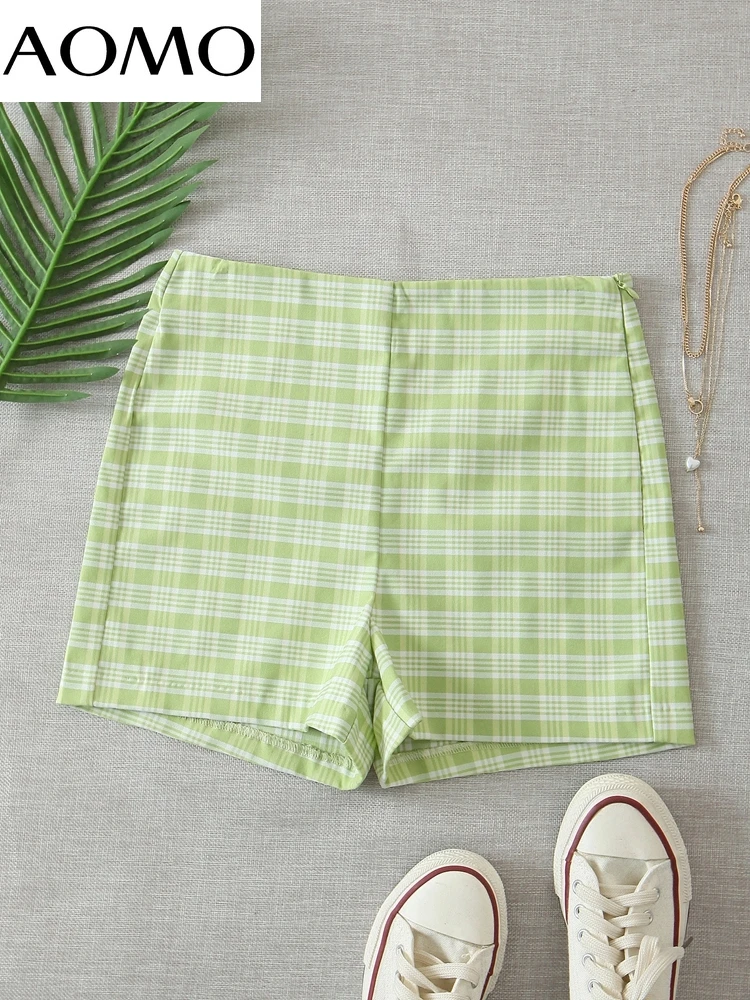 

AOMO Women Green Check Shorts Zipper Female Retro Basic Casual Shorts Pantalones 8H94A