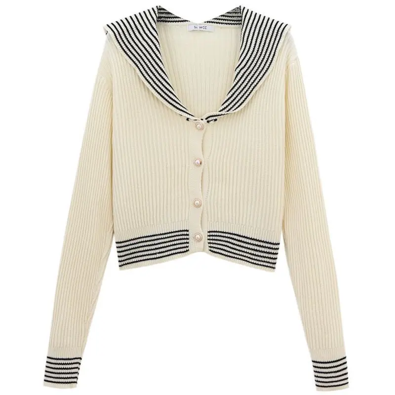 

Женский трикотажный кардиган в стиле преппи, темно-синий короткий свитер в полоску с воротником-лодочкой для колледжа на осень и весну