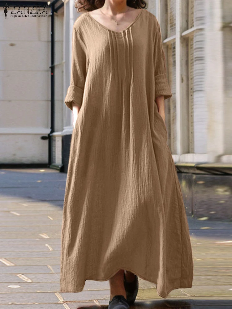 ZANZEA отпускное платье макси с длинными рукавами осень 2024 женские однотонные