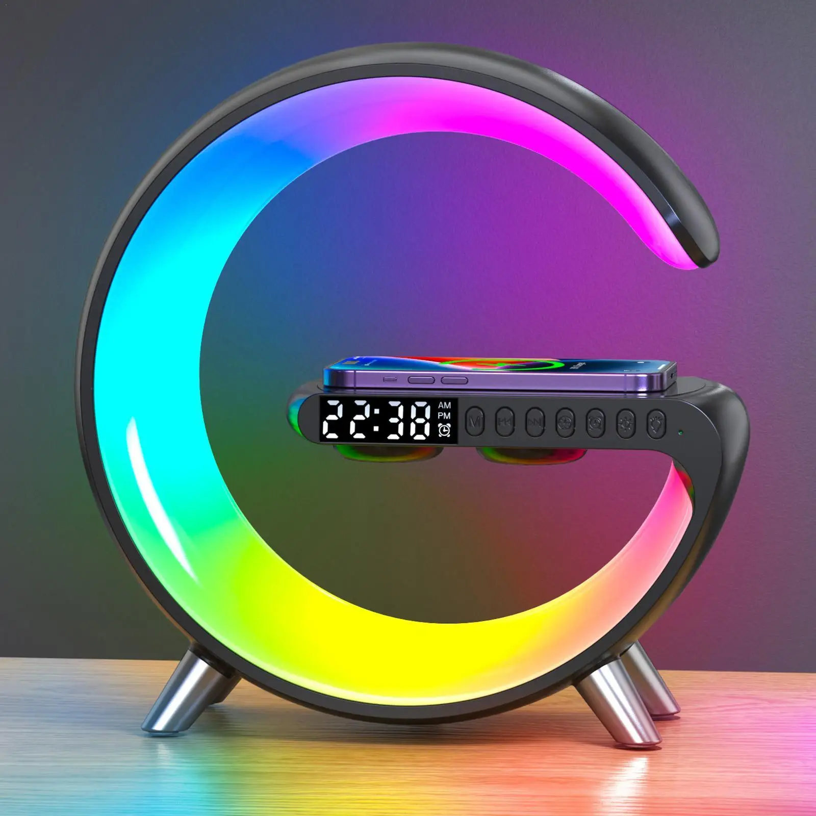 

15W LED Atmosphere RGB Light Wireless Charger Alarm Clock Desk Lamp Bluetooth Speaker With APP Control For IPhone