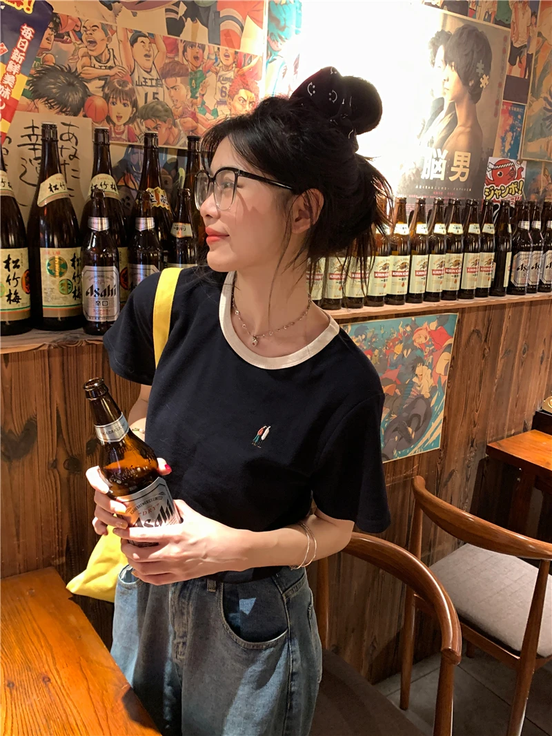 

GBG3292 Summer 2023 New Design Sense Small and Unique Embroidery Fashion Color Block Short Sleeve T-shirt Top