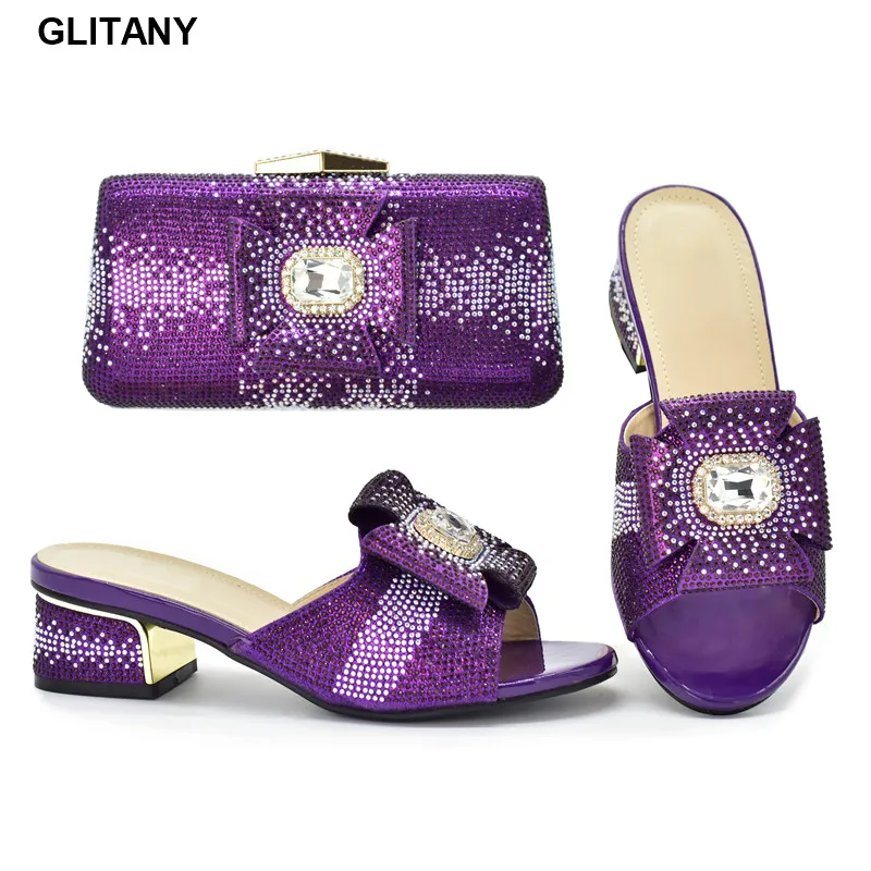 

African Women Royal Wedding Party Shoes and Bag To Match with Shinning Crystal African Style Set Luxery Shoes Rhinestone Heels