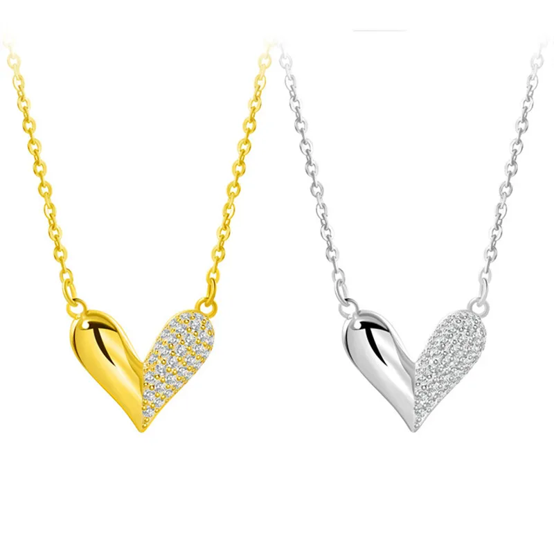 

New Ladies 925 Sterling Silver Necklace Gold Heart Inlaid Zircon Clavicle Chain Couple Sweet Romantic Fashion Jewelry Gift