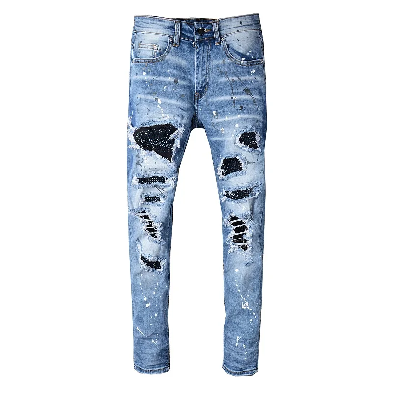 

Mens High Street Fashion Light Indigo Ripped Skinny Damaged Holes With Rhinestone Stretch Distressed Destroyed Slim Fit Jeans