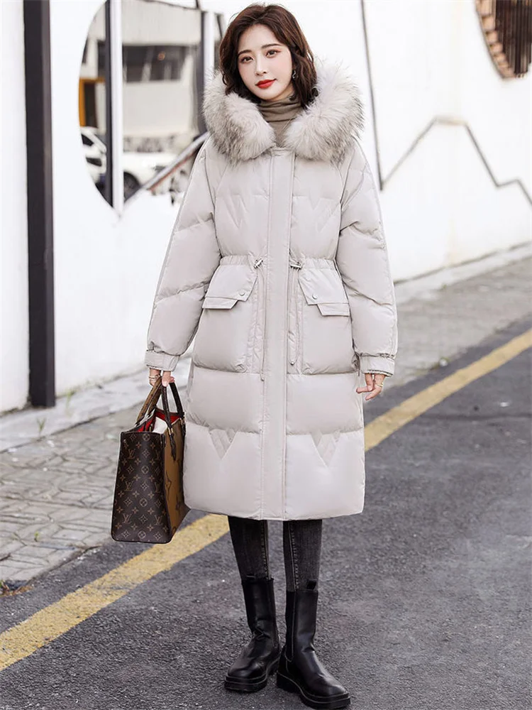 

Winter Coat Women White Duck Down Jacket 2022 New Casual Long Knee-length Fox Fur Hooded Parkas Thick Warmth Clothing Feminina