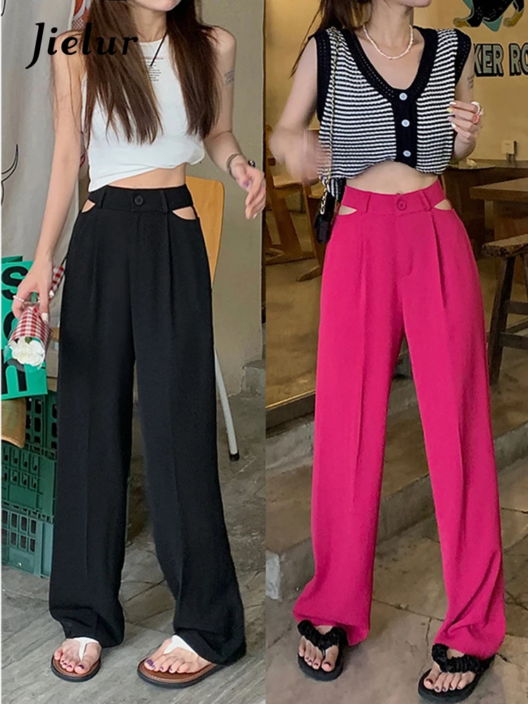 

Jielur Summer Office Lady Suit Pants for Women S-4XL Fashion High Street Loose Hollow out Waist Rose Red Black Trousers Female