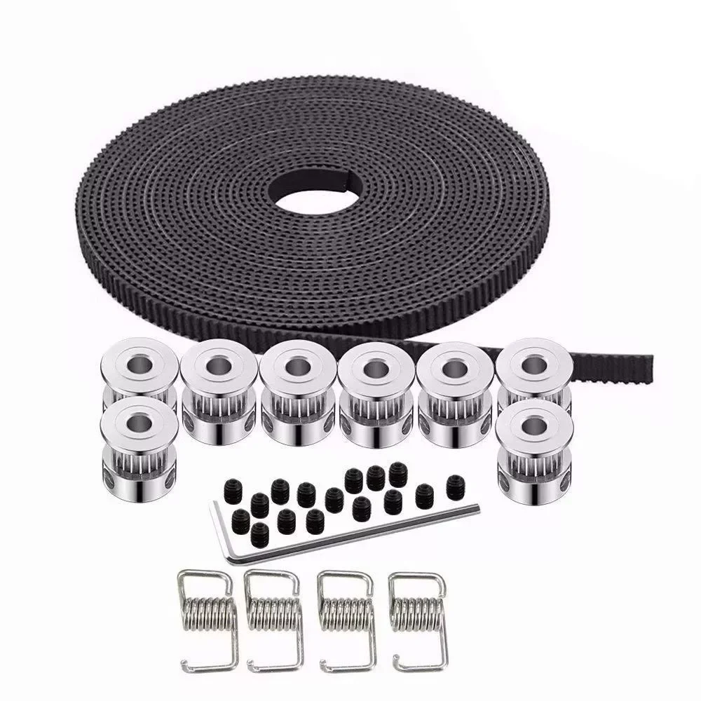 

10M Rubber Opening Belt 6mm Width+8pcs GT2 Pulley 20 Teeth Bore 5mm +4pcs Belt Locking Spring for 3D printer