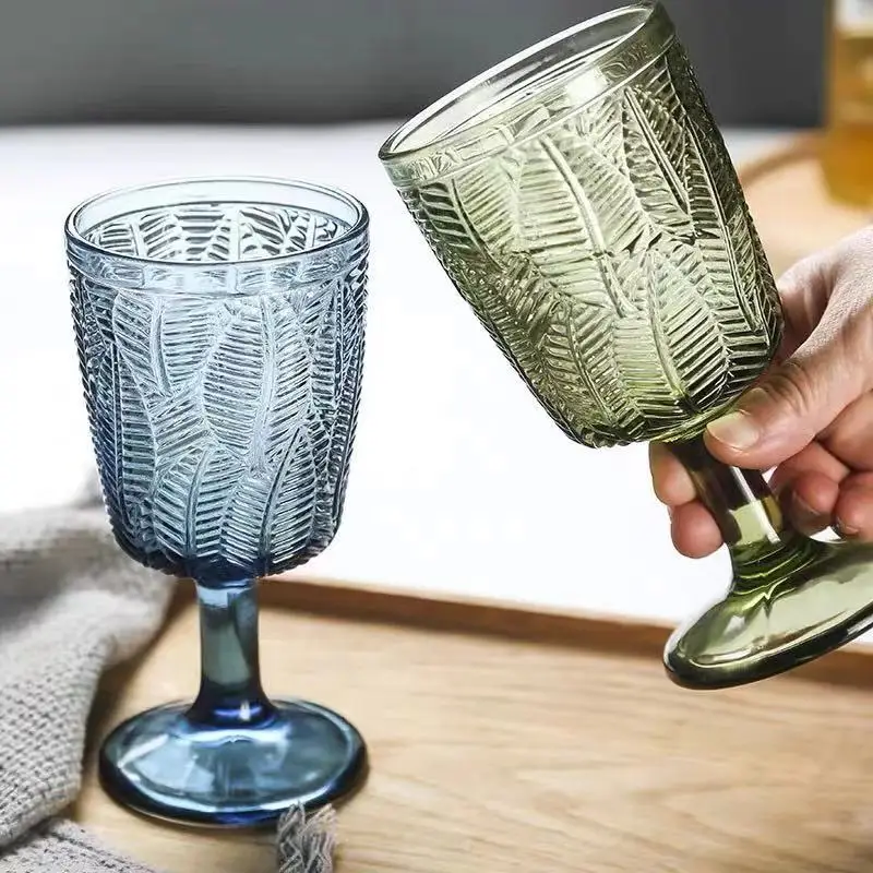 

Simple High-end Creative Vintage Relief Textured Leaf Goblets Red Wine Glasses Milkshake Juice Ice-cream Glass Cup
