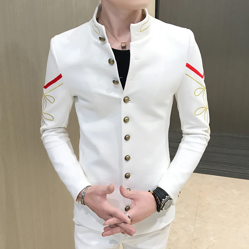 New Stand Collar Men Casual Blazers Three-Buttons Suit Jacket Wheat Stalks Embellished Spring Mens Chinese Style Blazer S-4XL