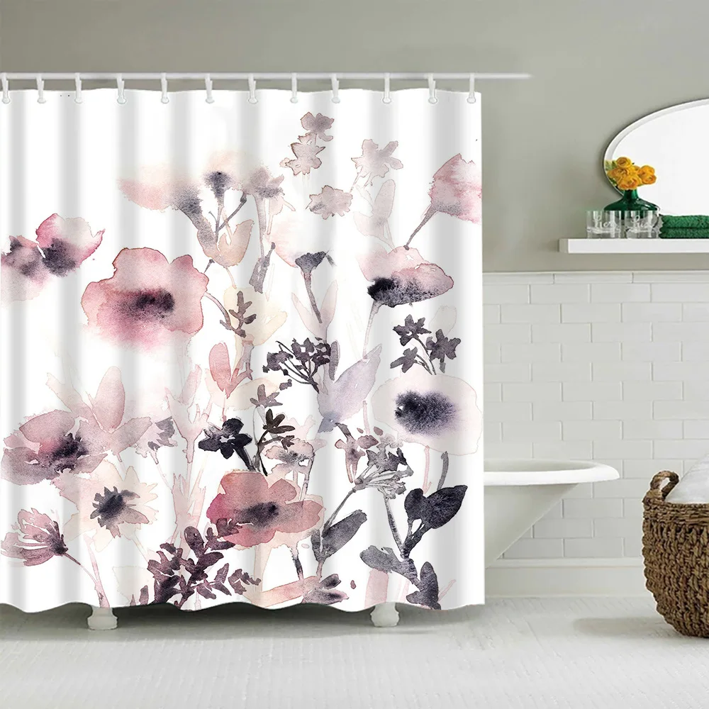 

Shower Curtains Plant Leafs Polyester Fabrics Bathroom Curtain with Hooks 180x200cm Home Decor Bath Screen Ink Flower and Leaves