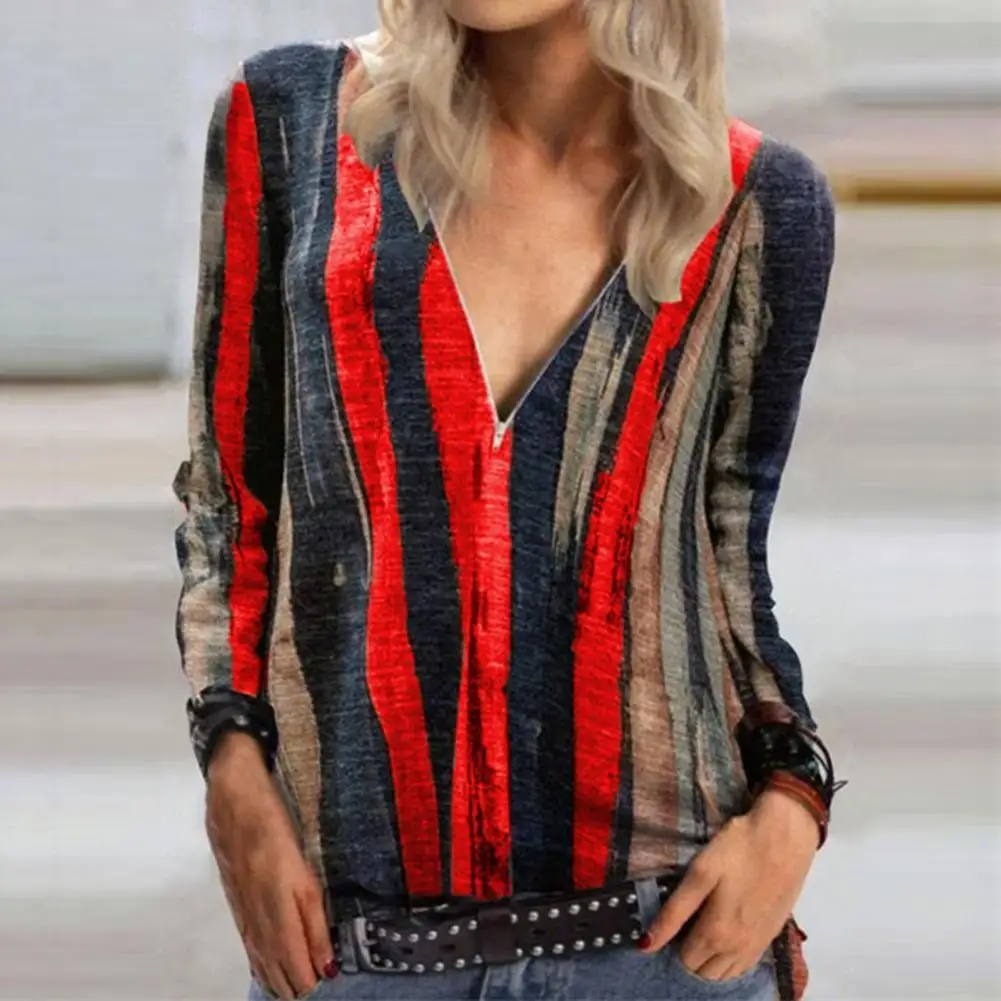 

Women's Top T-shirt Oversized V Neck Lady Blouse Tie-Dye Top Striped Print Long Sleeve T-Shirt for Office