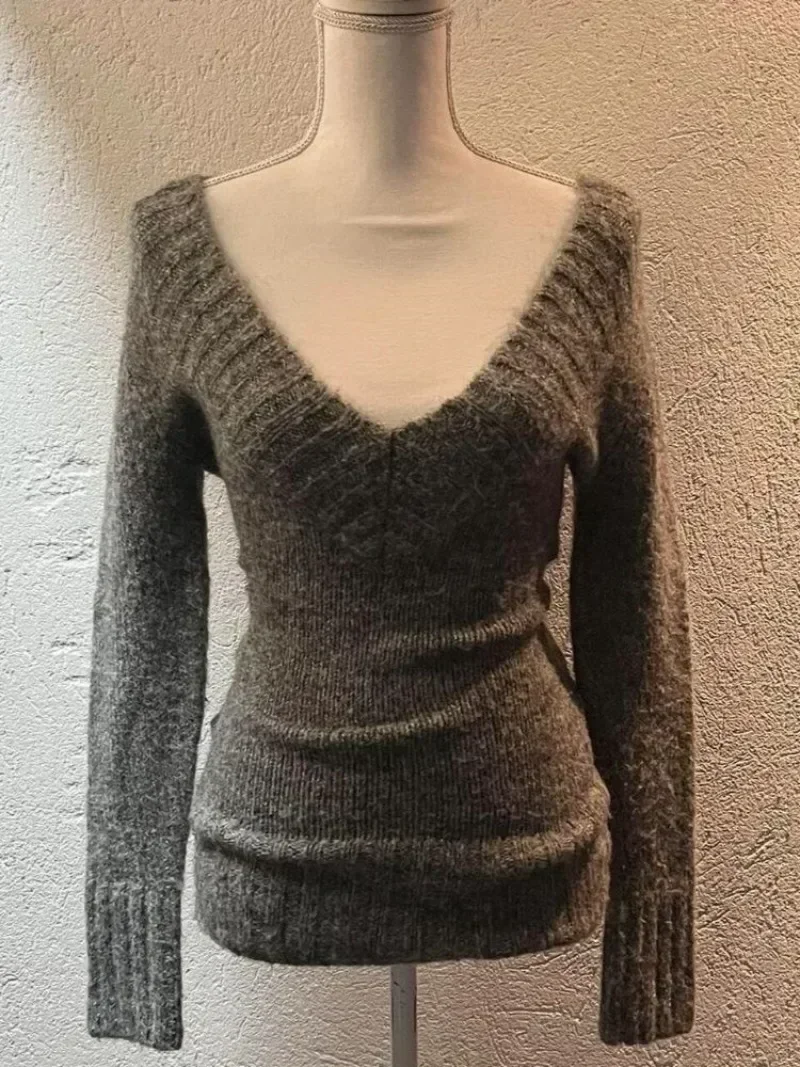 Модные винтажные вязаные топы с v-образным вырезом для женщин ранняя осень 2024