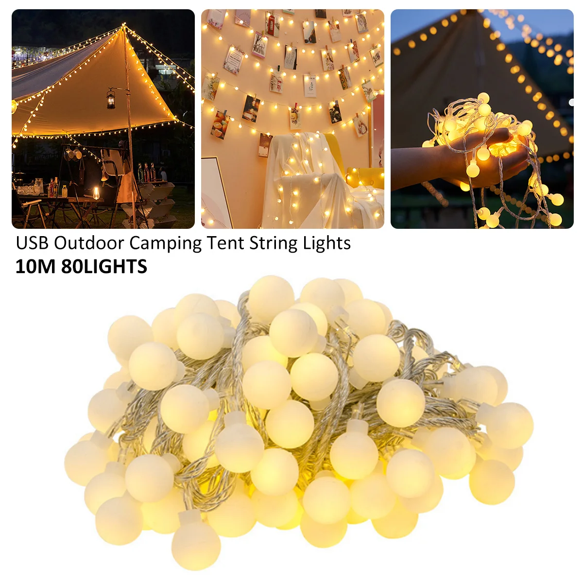 

New Outdoor String Lights 33ft LED Globe String Lights with 80 Lamp Beads IP44 Waterproof Outdoor String Lights USB Charging