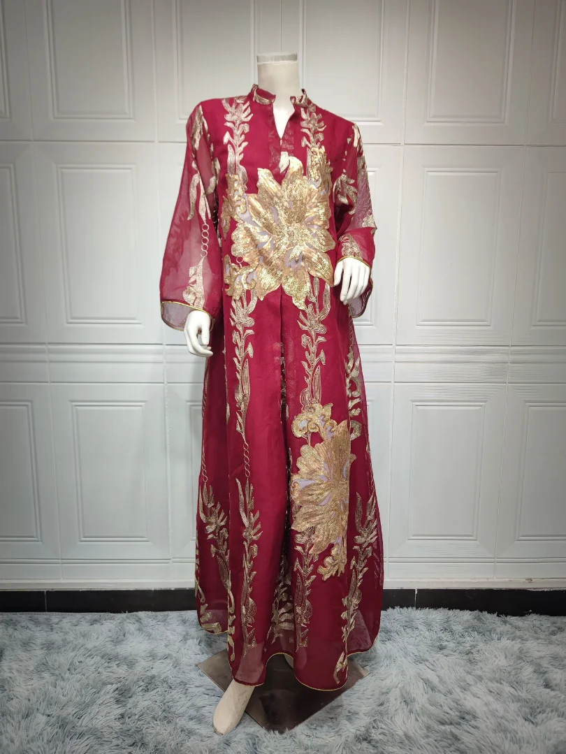 Muslim Fashion 2023 Muslim Women Long Sleeve V-neck Polyester Sequined Long Abaya  Abaya Dubai Abaya Dress Muslim Dresses Women