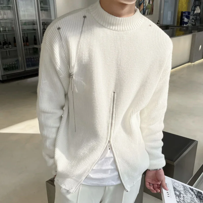 

Style European Metal Chain Decoration Thick Needle Heren Sweater Fall Winter Black White Zipper Pull Homme Knitted Sweater Men