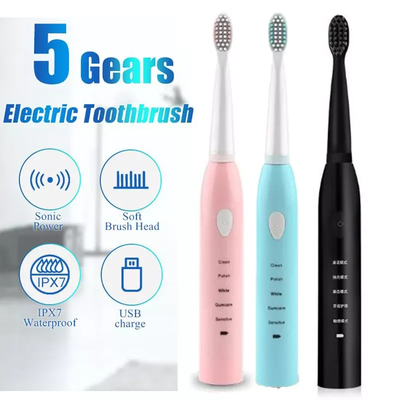 

Sonic Electric Toothbrush for Adults Kid Smart Timer Whitening IPX7 Waterproof USB Charging with 3 Replaceable Brush Heads