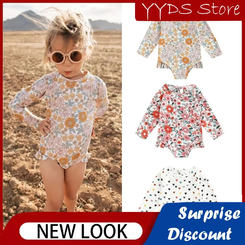 

Children's Swimsuit Broken Flower Girls' One-piece Swimsuit Long-sleeved Sunscreen Quick-drying Children's One-piece Beachwear