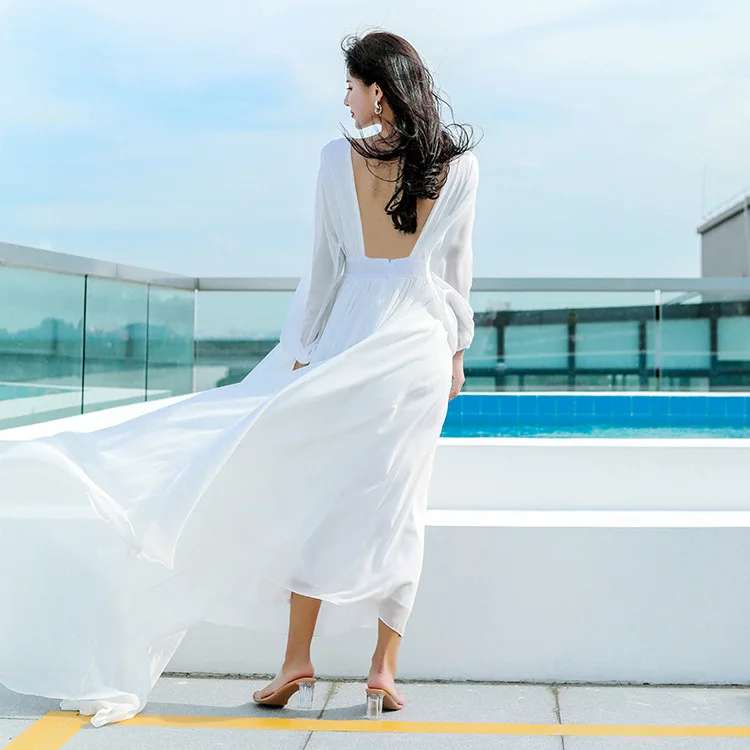 

2022 New Seaside Holiday Beach Dress Chiffon Backless Trailing Big Swing Long Skirt Bohemia Boho White Sexy