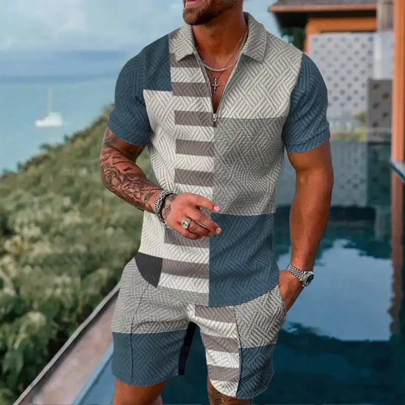 2023 Summer Sportswear Suit Zipper Polo Shirt 2-piece Striped Polo Men Shorts Set 3d Large Size Casual Street Wear Men Clothing