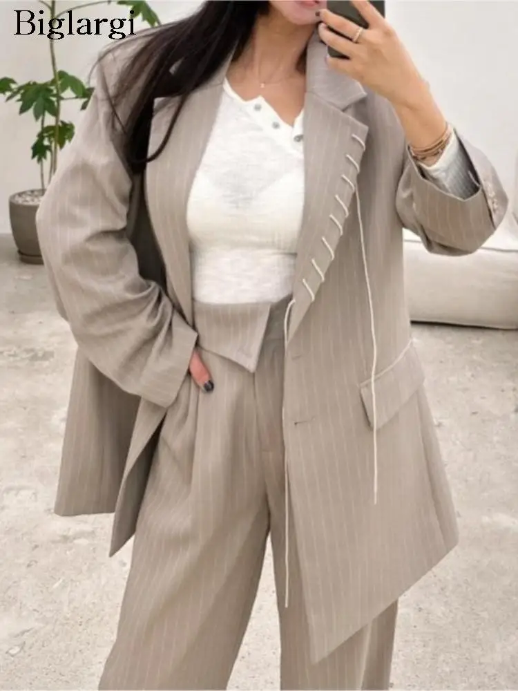 

Женский комплект из 2 предметов, асимметричные корейские пальто в полоску с длинным рукавом и принтом, повседневные свободные брюки с широкими штанинами, осень 2023