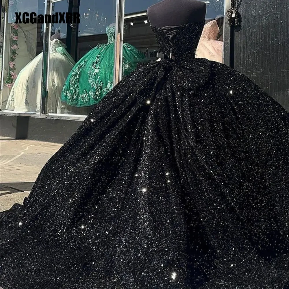 Черное платье Quinceanera по индивидуальному заказу 2024 бальное с блестками Sweet 16