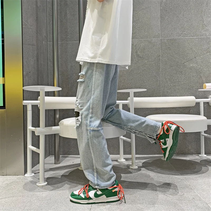 Men's Jeans High Street Ripped Leg Slit Stitching Solid Color Loose Jeans Korean Style Hip-hop Jeans Y2k Streetwear Men Fashion