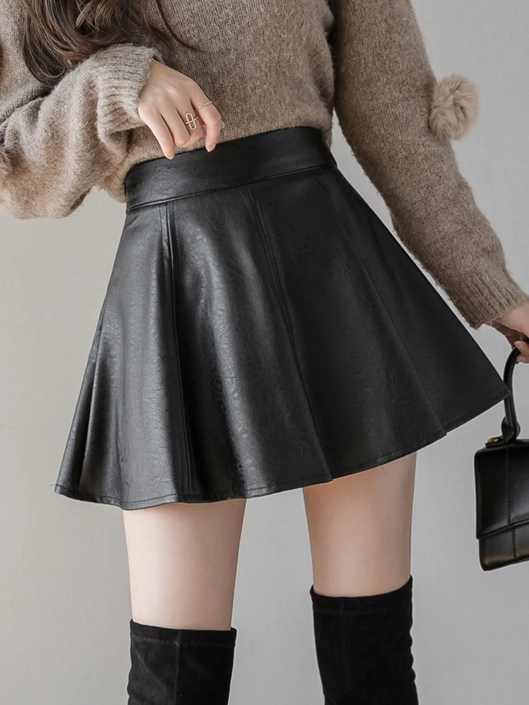Винтажная уличная мини-черная юбка женская зимняя кожаная плиссированная