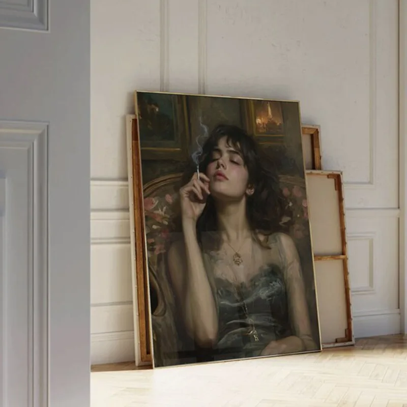 Винтажная Женская Картина на холсте с рисунком птиц и сигарет