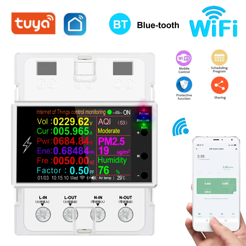 

100A Tuya WIFI Din Rail Smart Switch Remote Control AC 265V BT Digital Power Energy Volt Amp Kwh Frequency Factor Meter