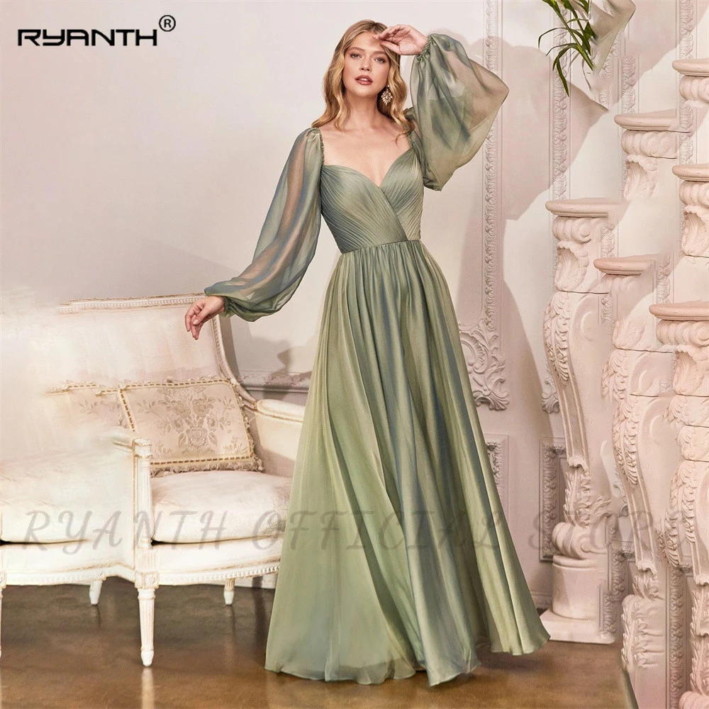 

Ryanth Elegant A-Line Evening Dresses Long Sleeves Pleated Graduation Prom Gown Wedding Sweep Train Party Dresses Robe de Soiree