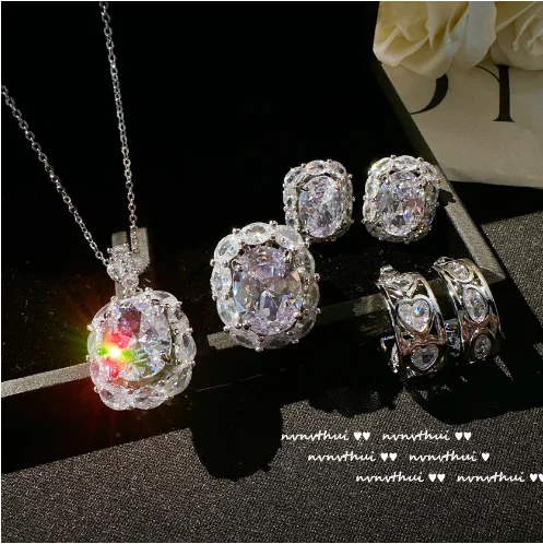 

2023 Women Seine River Waterdrop Gem Necklace Starry River Shining 18K Gold Plated Egg shaped Gem Earrings