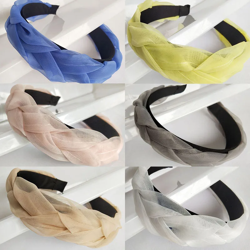 

New Fashion Women Hairband Net yarn Cross Knot Braid Headband Adult Autumn Winter Headwear Wide Side Turban Hair Accessories