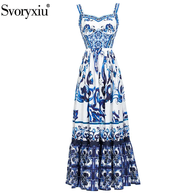 

Svoryxiu 2022 Fashion Runway Summer Cotton Dress Women's Spaghetti Strap Blue and White Porcelain Printing Vacation Long Dress
