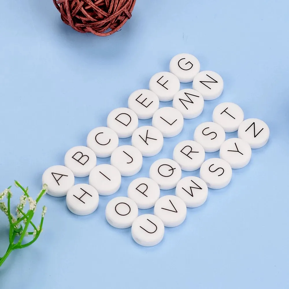 

LOFCA 12mm 70PCS Flat Round Silicone Beads Food Grade Letter Baby Teethers Loose Chewing Alphabet Bead For Personalized Name DIY