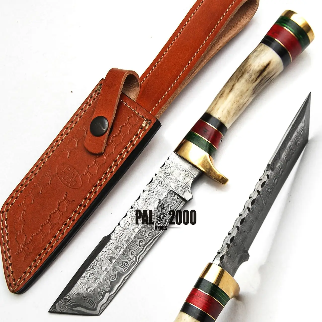 

Handmade Damascus Steel Knife Ladder Pattern comes with leather sheath 10 Inches Cortador coser Lino cutting tools Leather patte